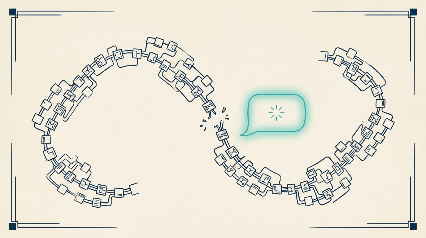 A forty step chain breaking apart beside a single spoken instruction