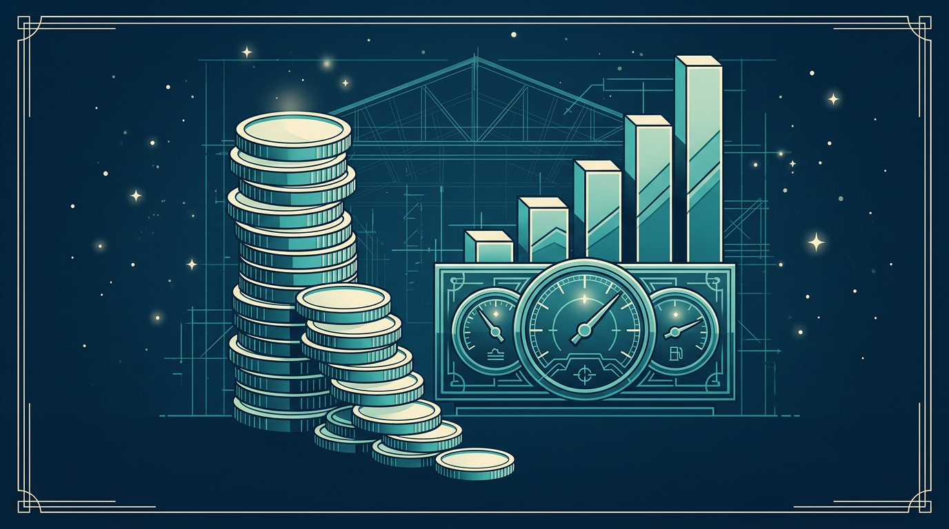 Coin stacks falling away beside measuring dials and a rising stepped bar
