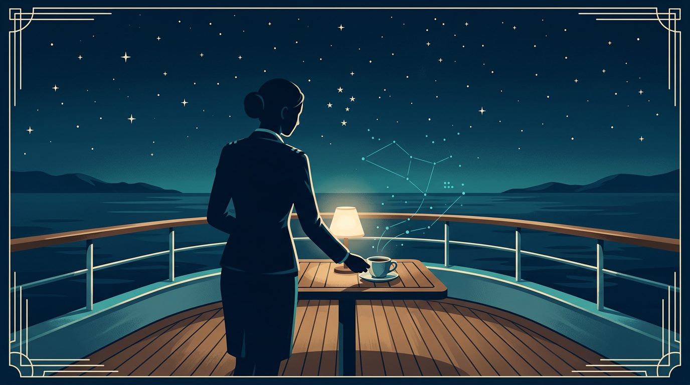A stewardess setting down a coffee on a yacht deck at night, with faint constellation lines drifting near the cup