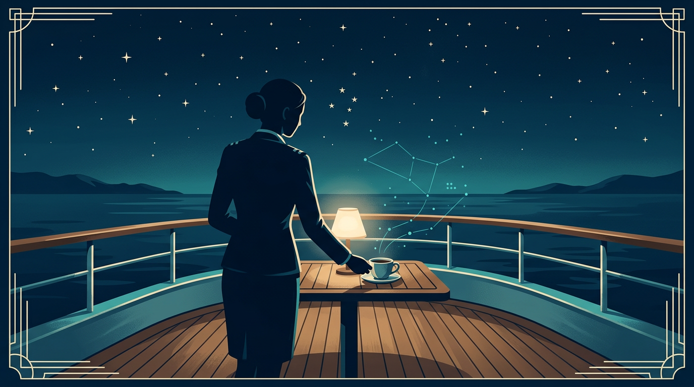 A stewardess setting down a coffee on a yacht deck at night, with faint constellation lines drifting near the cup