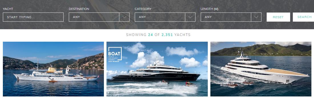 Screenshot of the charter website search and yacht listings