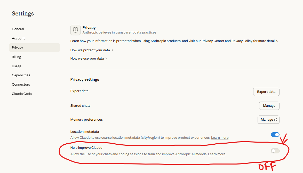 Claude privacy settings showing the Help improve Claude toggle switched off, recommended for professional use.