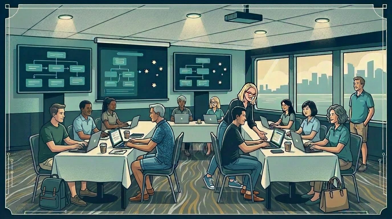 Editorial illustration from the published AI workshops across ten departments account