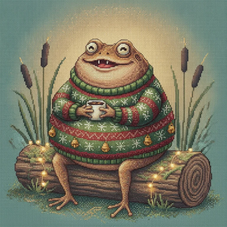 Original Ugly Sweaters artwork: an illustrated toad in festive knitwear, holding a mug