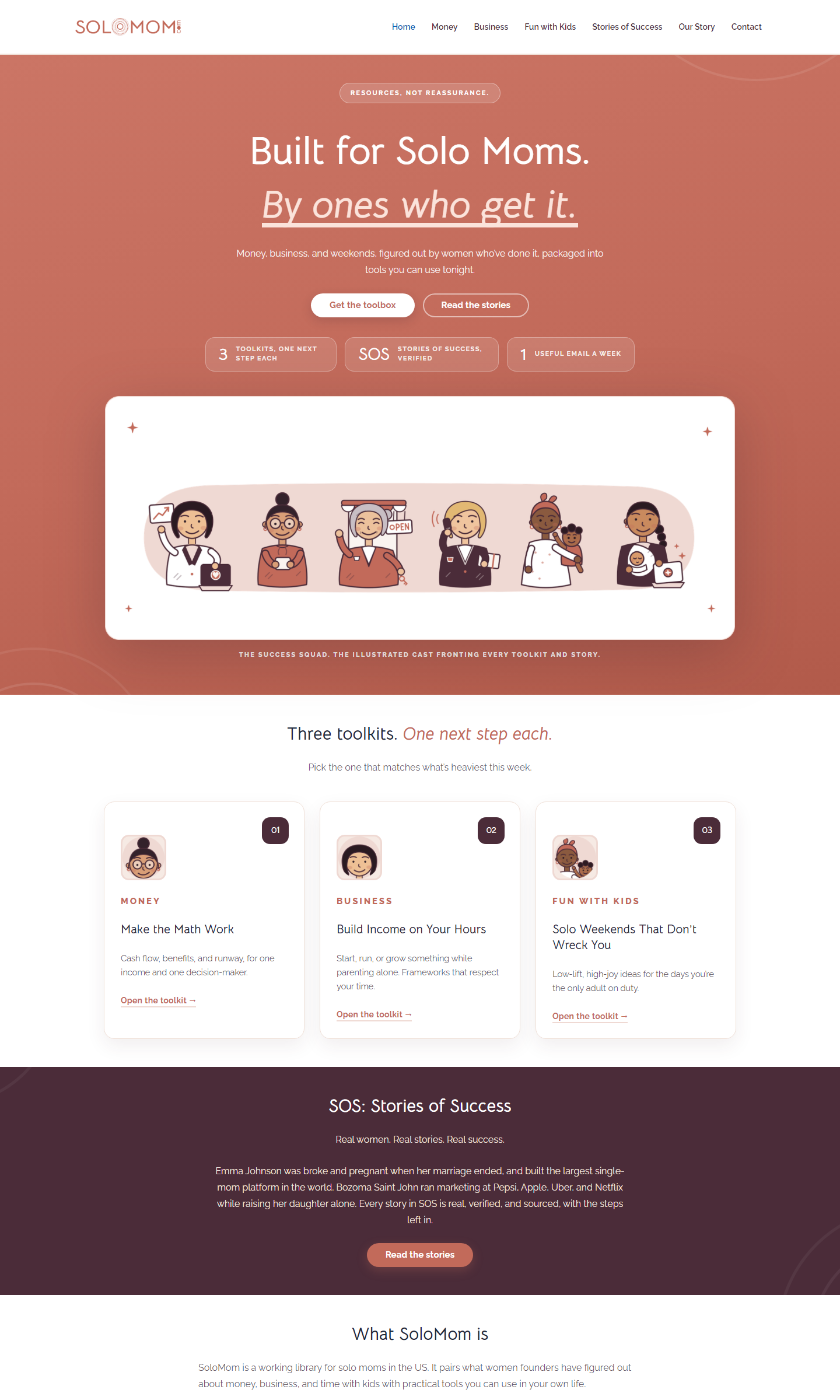 SoloMom website design showing the homepage and illustrated Success Squad