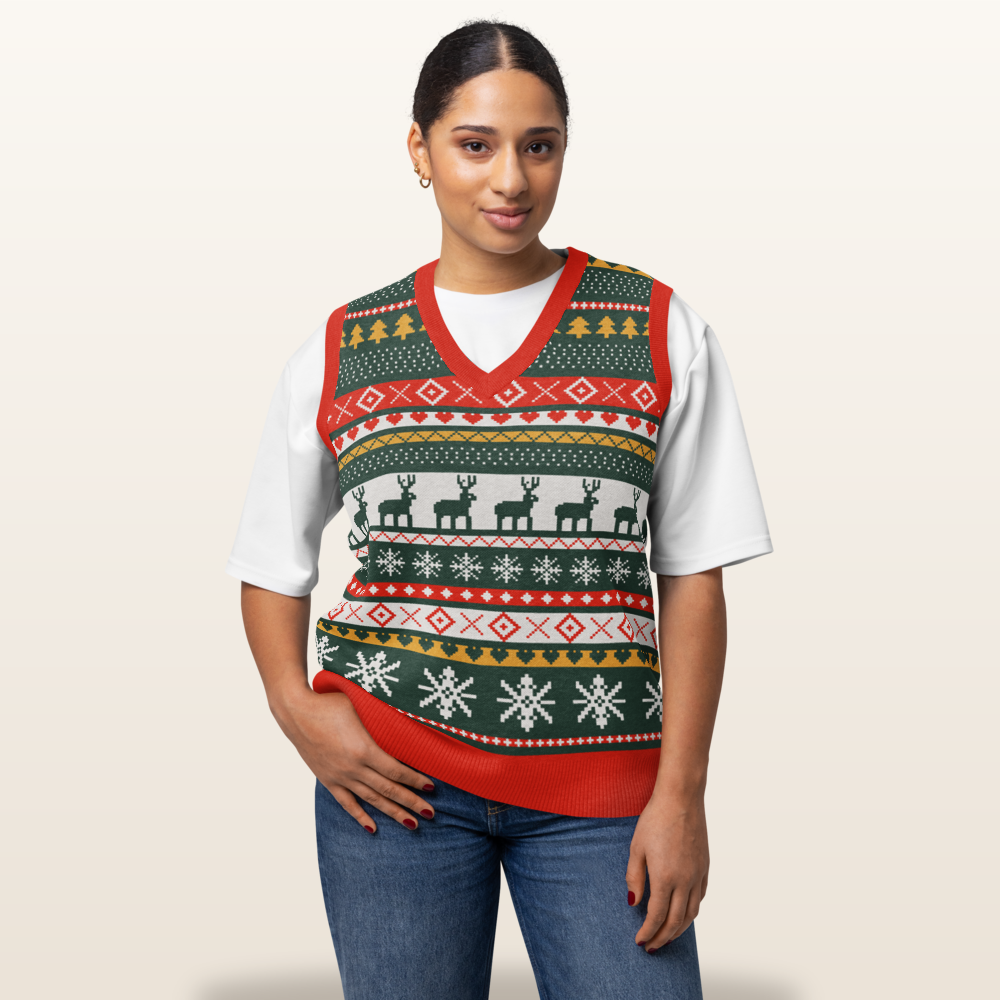 Reindeer knit vest design shown in a supplier model mockup
